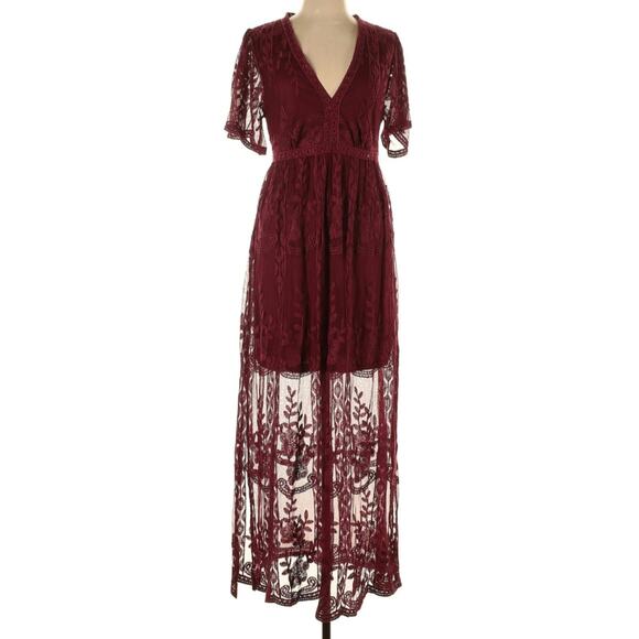 Red Wine Merlot Lace Deep V Plunge XL Romper - Picture 2 of 3